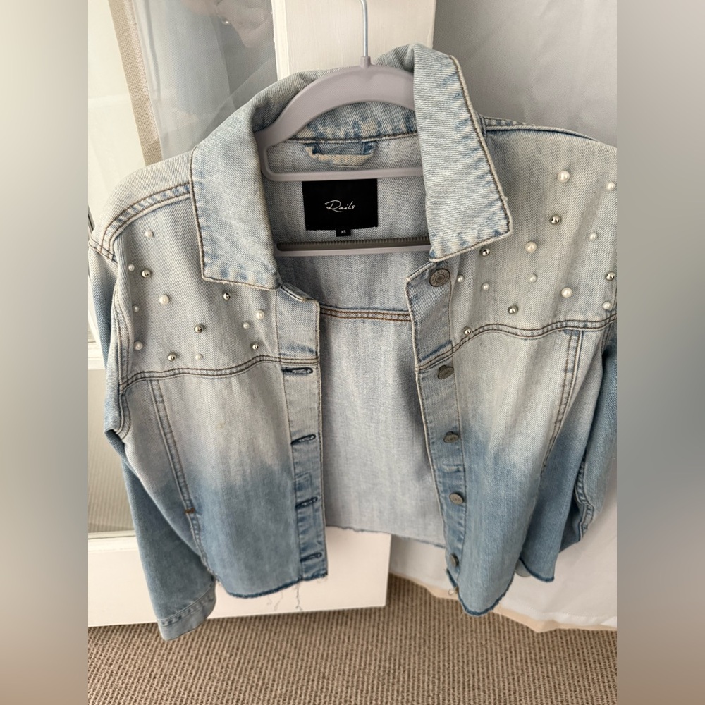 Light Blue Denim Jacket with Pearl Accents
